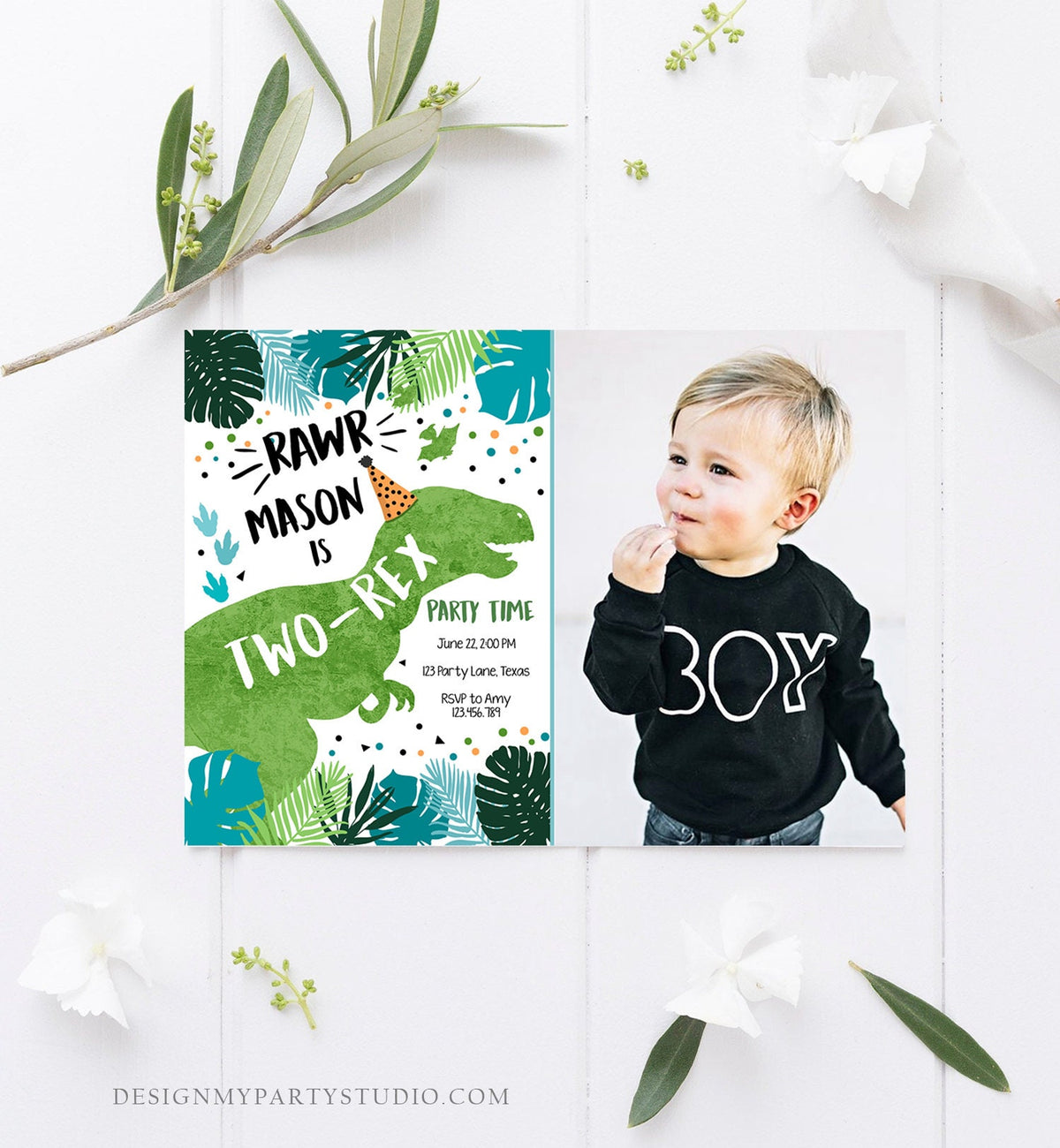 Editable Two-Rex Dinosaur Birthday Invitation Dino T-Rex Second Birthday 2nd RAWR Boy Green Blue Prehistoric Digital Template Printable 0389