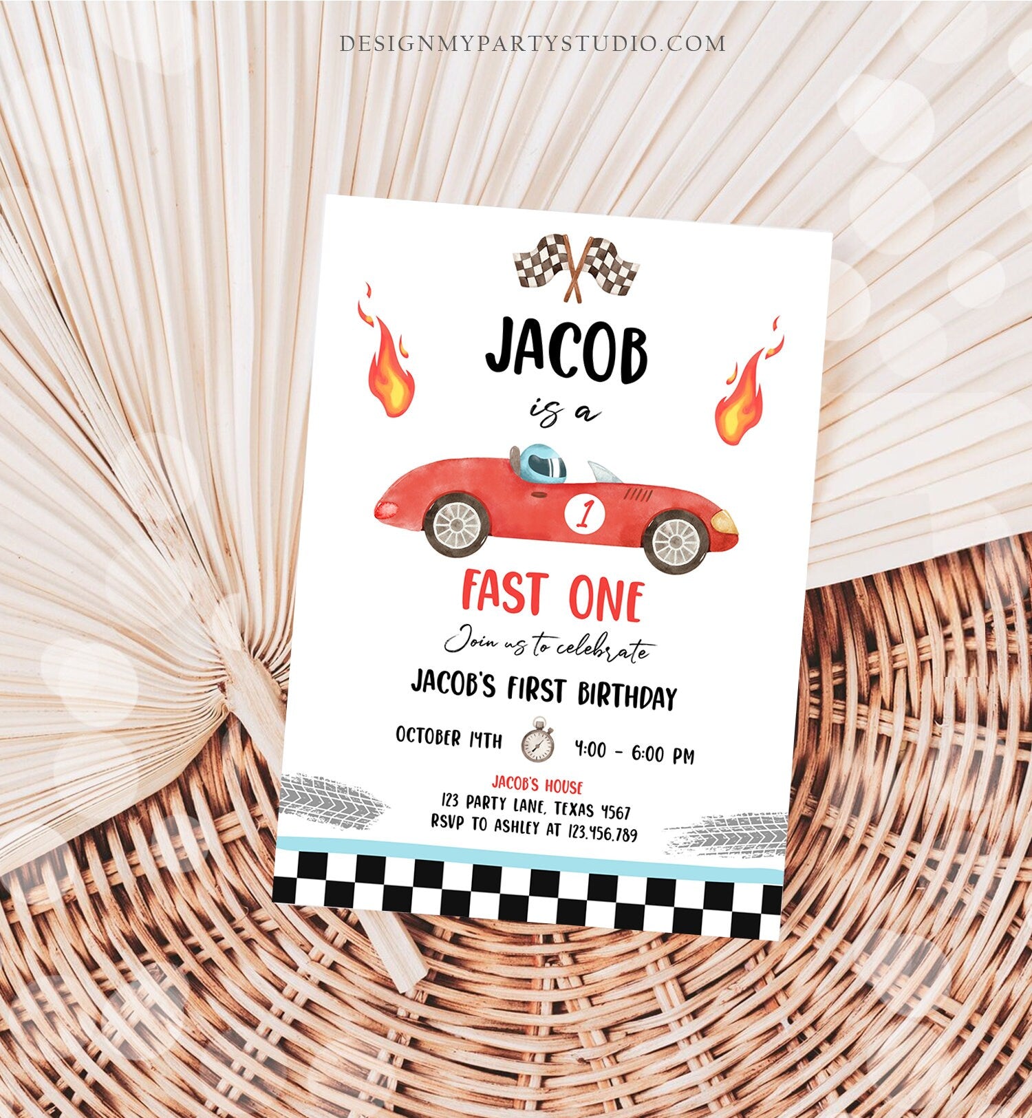 Editable Race Car 1st Birthday Invitation Fast One Invite First Birthday Racing Party Boy Download Printable Template Digital Corjl 0424