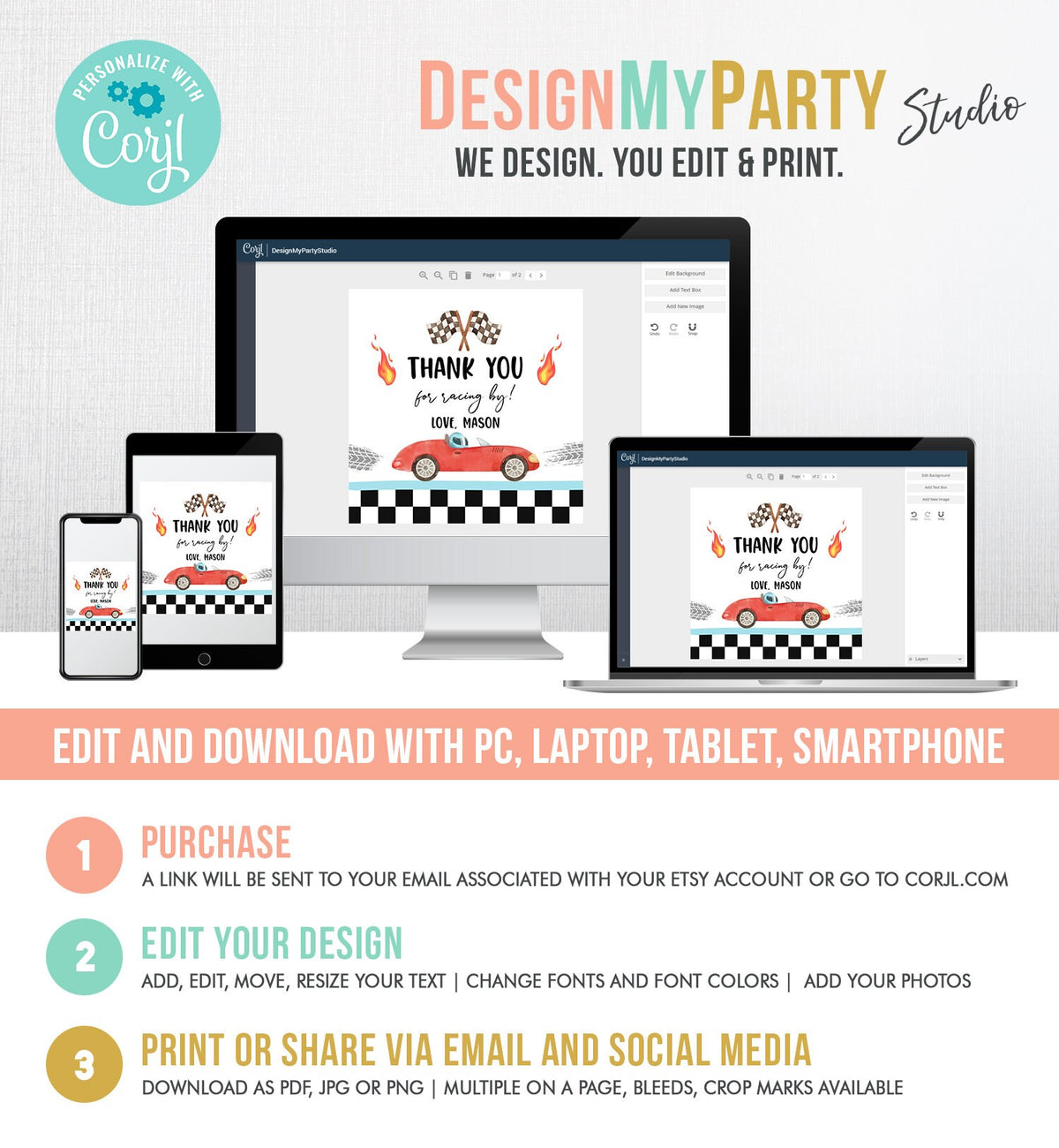 Editable Racing Favor Tags Race Car Birthday Thank you Label Growing Up Two Fast Stickers Red Race Cars 2nd Template Corjl PRINTABLE 0424