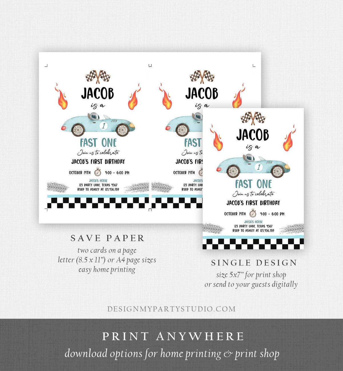Editable Race Car 1st Birthday Invitation Fast One Invite First Birthday Racing Party Boy Digital Download Evite Template Printable 0424
