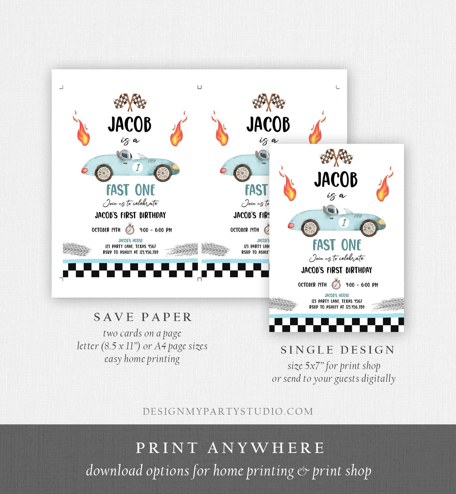 Editable Race Car 1st Birthday Invitation Fast One Invite First Birthday Racing Party Boy Digital Download Evite Template Printable 0424