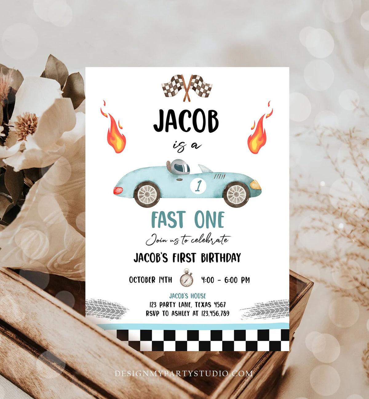 Editable Race Car 1st Birthday Invitation Fast One Invite First Birthday Racing Party Boy Digital Download Evite Template Printable 0424
