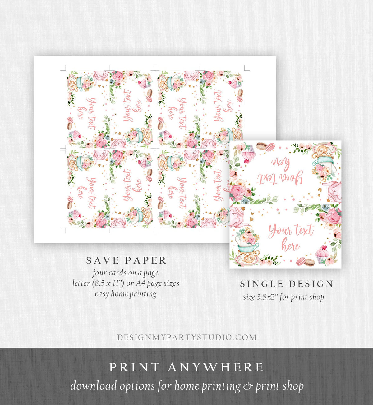 Editable Tea Party Food Label Tea Place Card Tent Card Escort Card Par-Tea Tea for Two Decor Girl Floral Pink Printable Corjl Template 0349