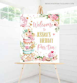 Editable Birthday Tea Party Welcome Sign Birthday Par-tea Floral Pink Gold Whimsical Girl Shower Garden Party Template PRINTABLE Corjl 0349