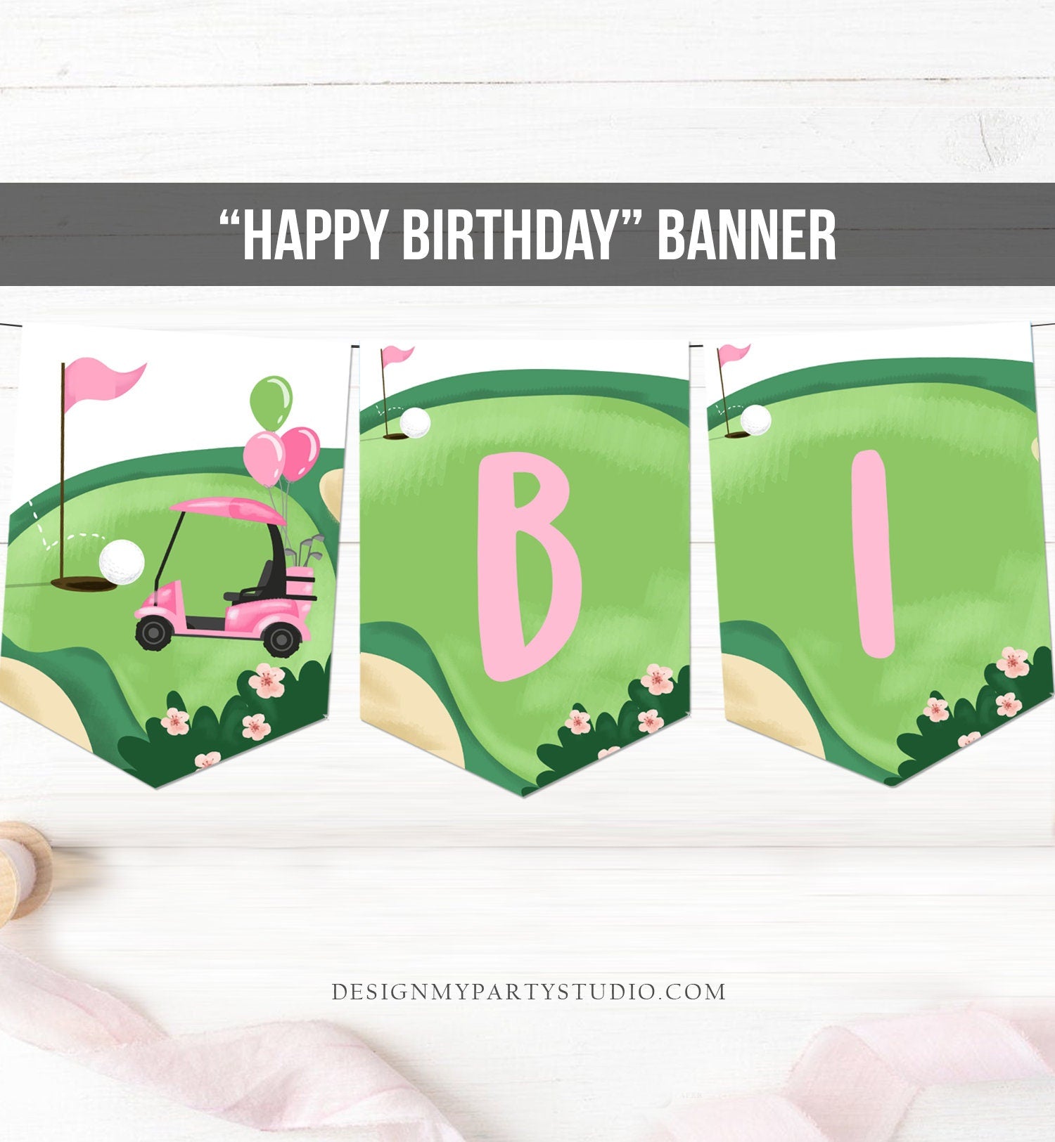 Golf Happy Birthday Banner Hole in One Banner Birthday Girl Pink Golfing Decorations Par-tee Instant download PRINTABLE DIGITAL DIY 0405