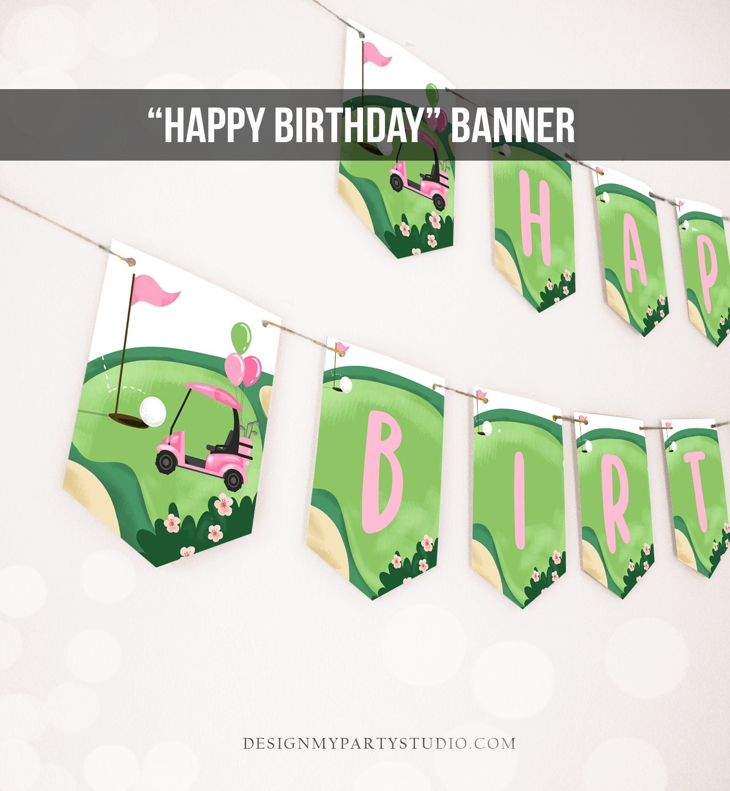 Golf Happy Birthday Banner Hole in One Banner Birthday Girl Pink Golfing Decorations Par-tee Instant download PRINTABLE DIGITAL DIY 0405