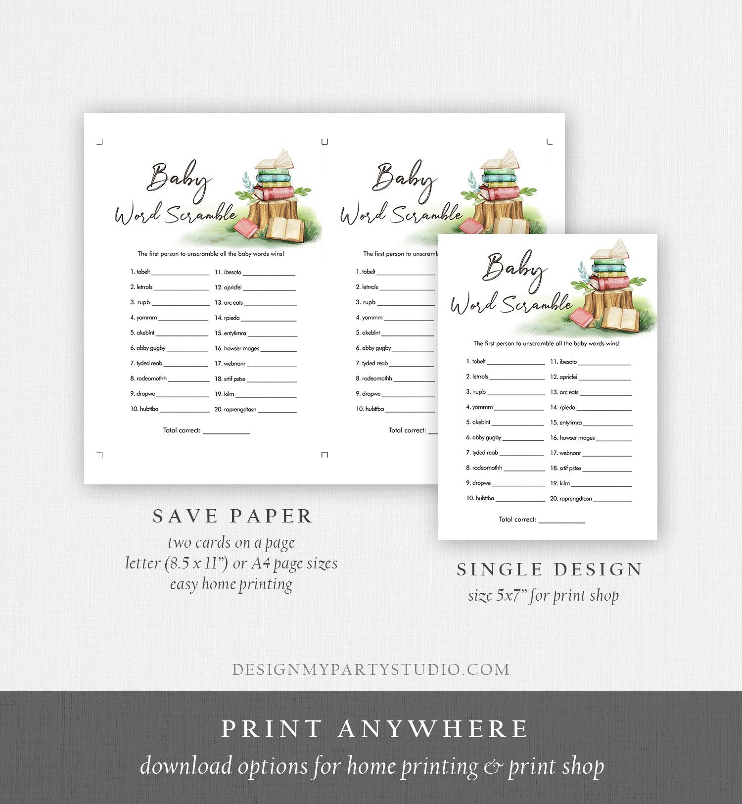 Editable Word Scramble Baby Shower Game Word Search Storybook Baby Shower Book Watercolor Gender Neutral Digital Template Printable 0427