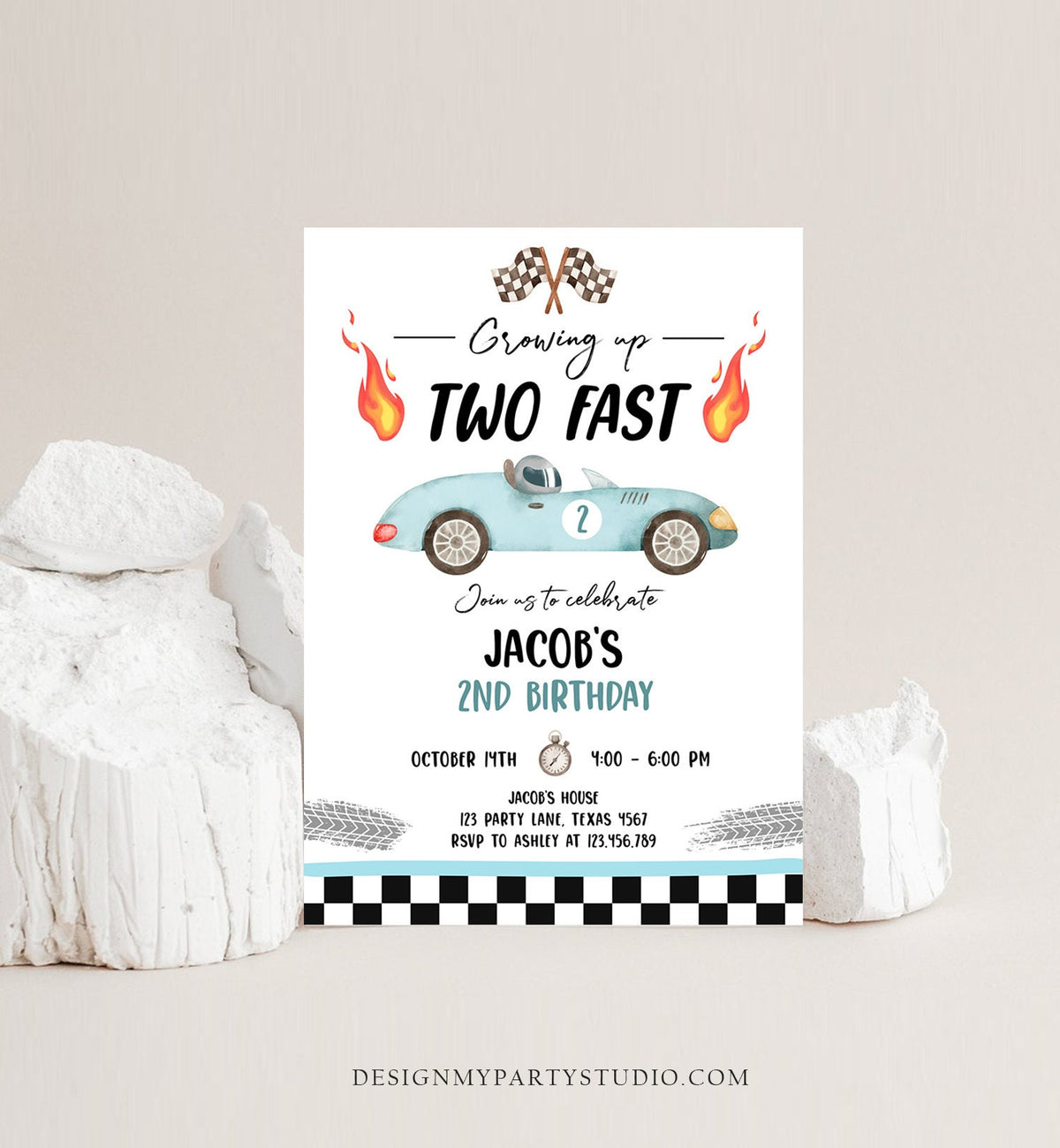 Editable Racing Car Birthday Invitation Growing Up Two Fast Second Birthday 2nd Blue Race Boy Digital Download Evite Template Printable 0424
