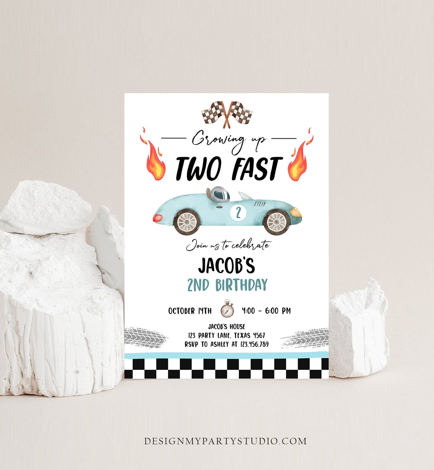 Editable Racing Car Birthday Invitation Growing Up Two Fast Second Birthday 2nd Blue Race Boy Digital Download Evite Template Printable 0424