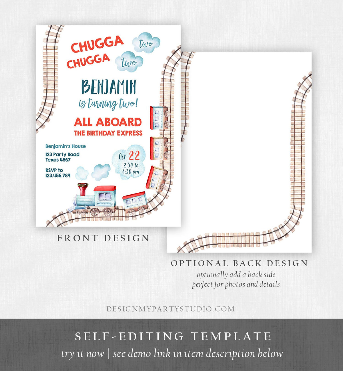 Editable Chugga Chugga Two Two Train Birthday Invitation Vintage Choo Choo Train Party Train Watercolor Template Corjl Printable 0149