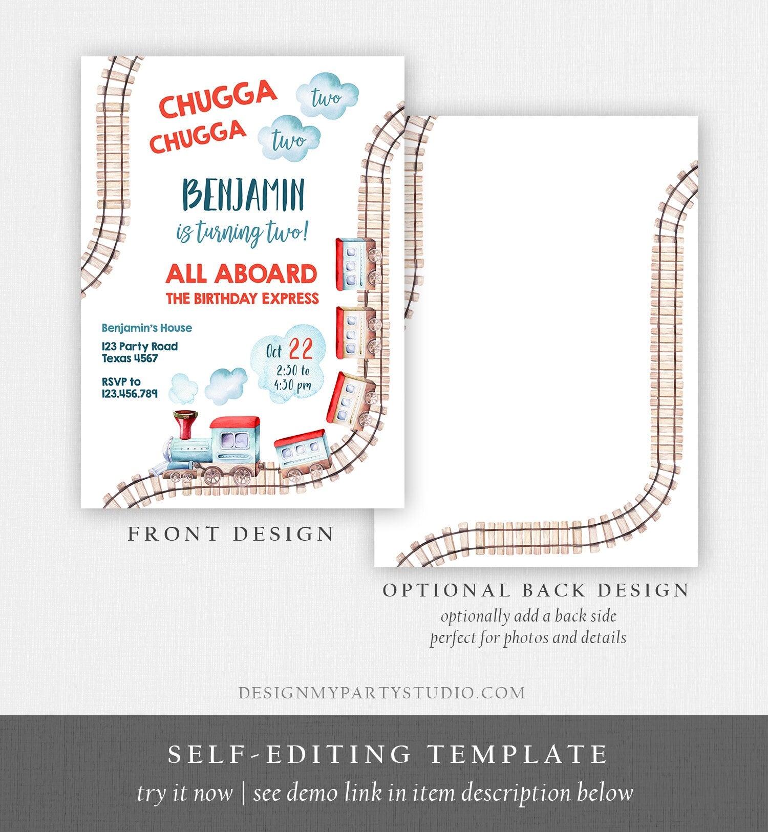 Editable Chugga Chugga Two Two Train Birthday Invitation Vintage Choo Choo Train Party Train Watercolor Template Corjl Printable 0149