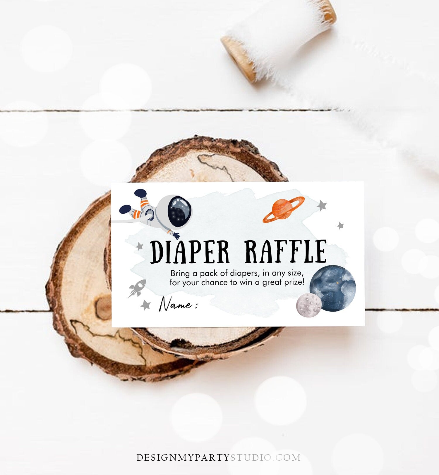 Editable Outer Space Astronaut Diaper Raffle Ticket Baby Shower Orange Planets Galaxy Registry Card Game Corjl Template PRINTABLE 0366