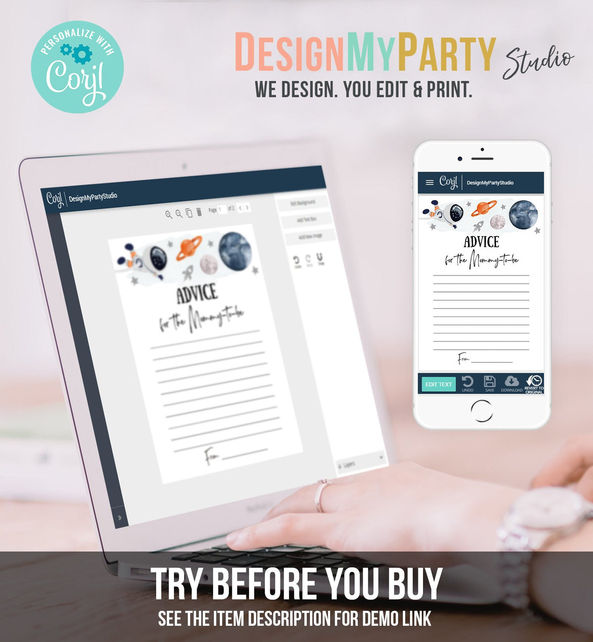 Editable Advice Card Baby Shower Game Advice for Mommy to Be Outer Space Planets Astronaut Orange Activity Digital Template Printable 0366