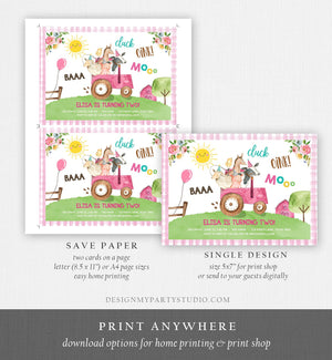 Editable Farm Birthday Invitation Girl Farm Animals Pink Floral Barnyard Party Tractor Download Printable Template Digital Corjl 0155