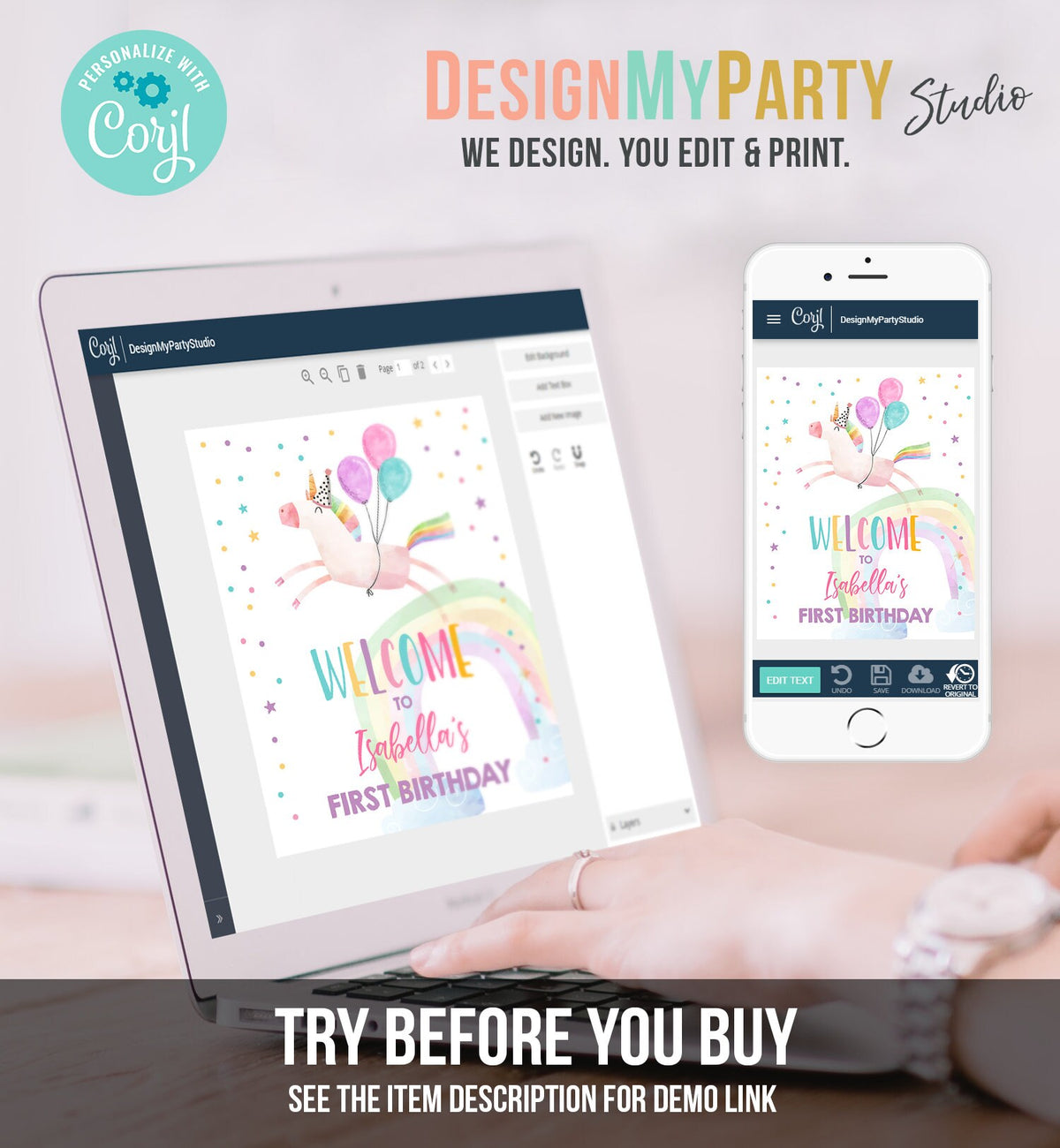 Editable Unicorn Welcome Sign Unicorn Birthday Door Sign Rainbow Girl Magical Unicorn Party Sign Pink First Digital Template Printable 0336