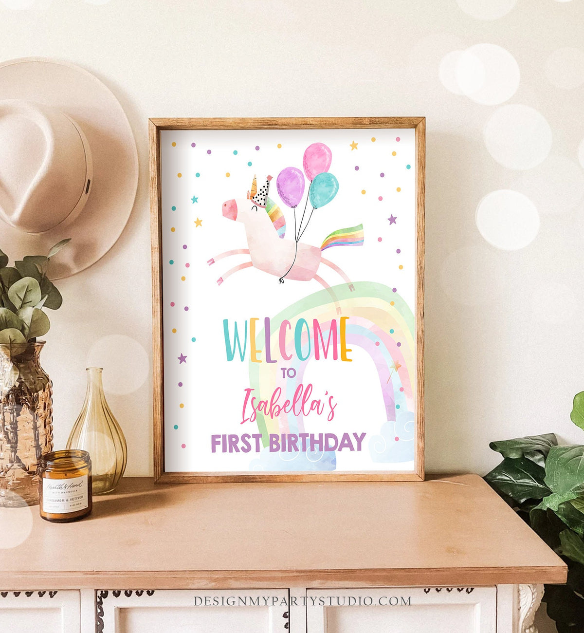 Editable Unicorn Welcome Sign Unicorn Birthday Door Sign Rainbow Girl Magical Unicorn Party Sign Pink First Digital Template Printable 0336