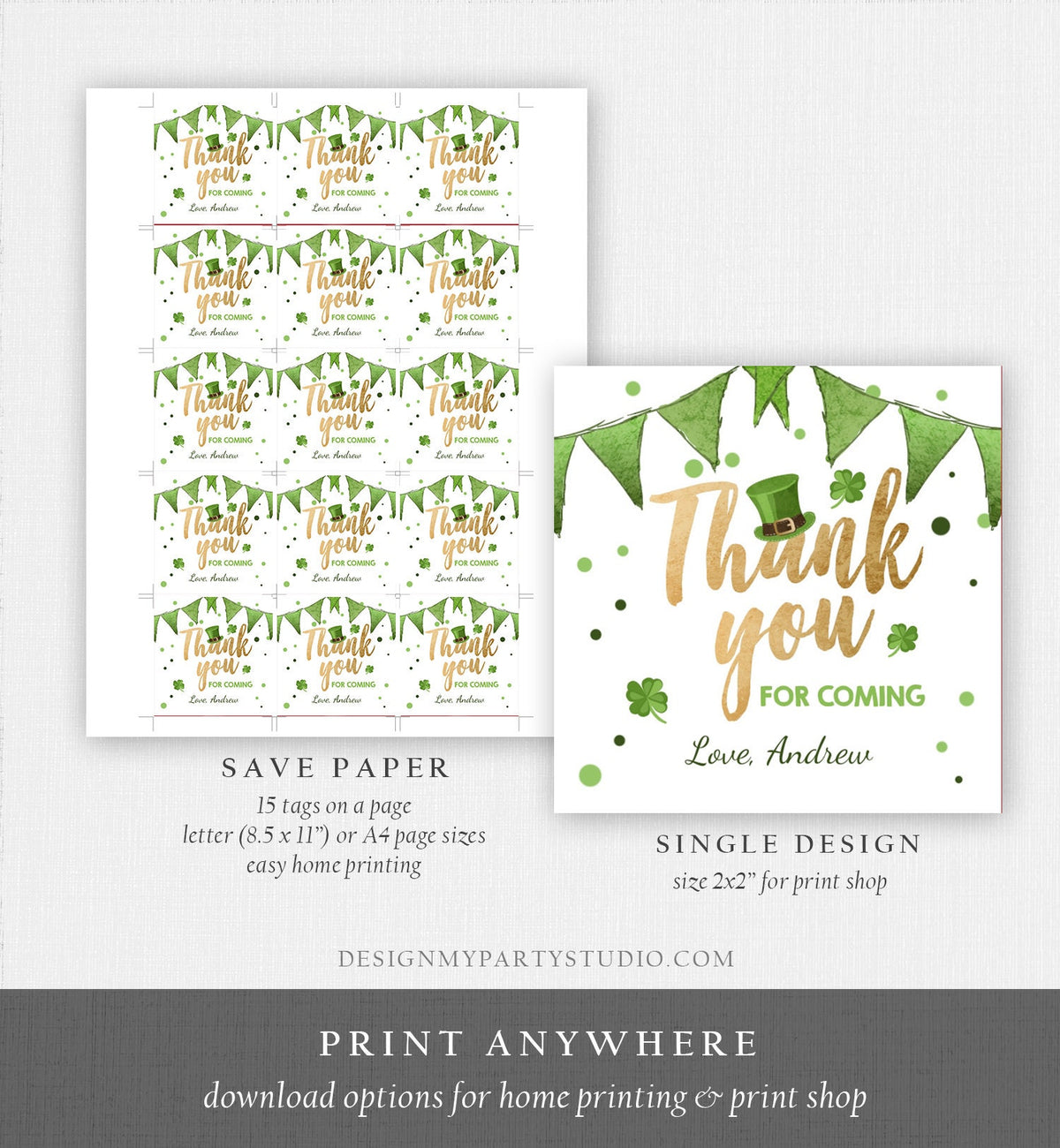 Editable St Patrick&#39;s Day Favor Tags St. Patricks Day Thank you Tags Lucky Birthday Clover Shamrock Party Green Gold Template Corjl 0115