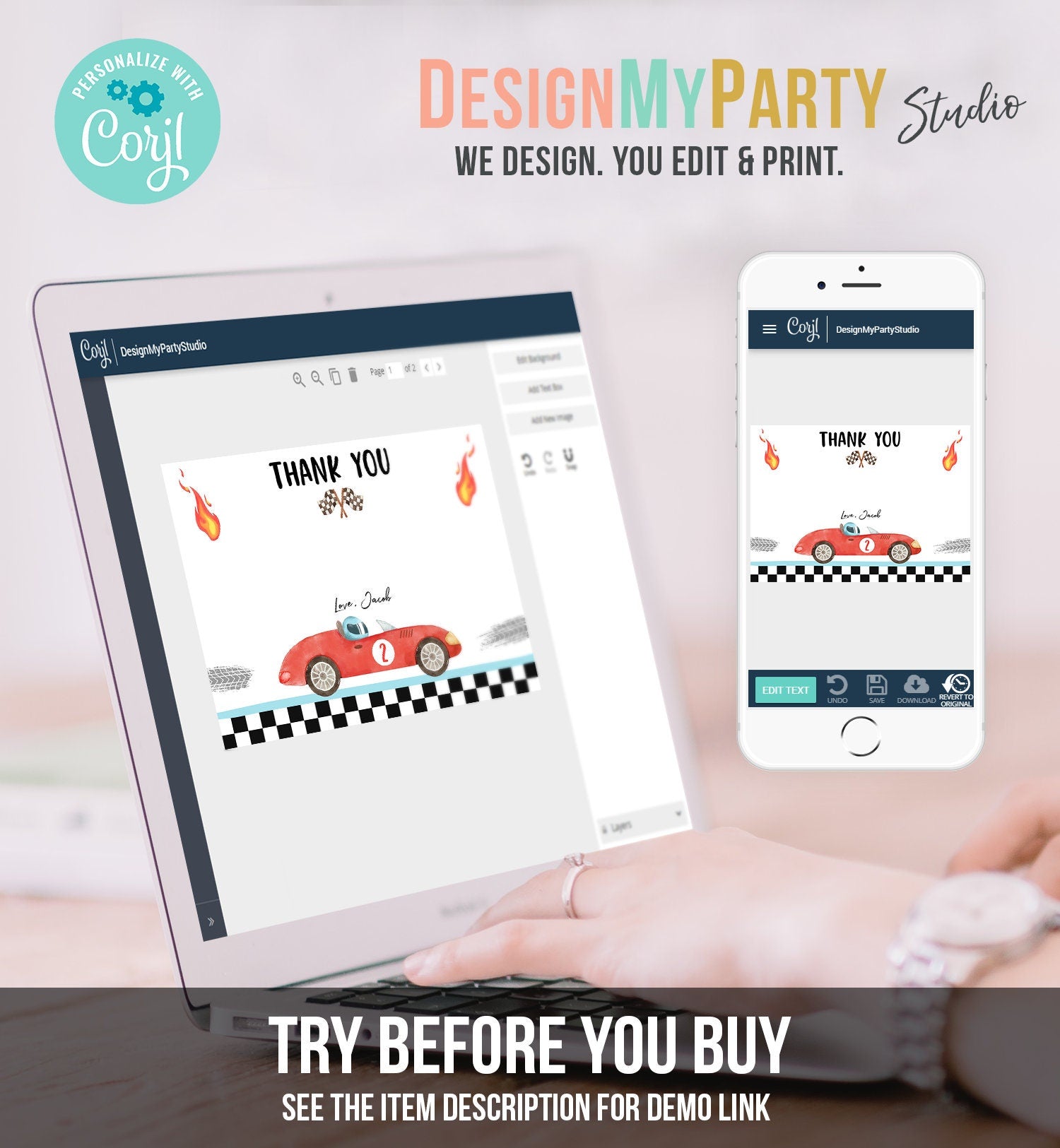 Editable Race Car Thank You Card Two Fast Birthday Boy Red Racing Car Note Birthday Fast One Digital Download Template Printable 0424