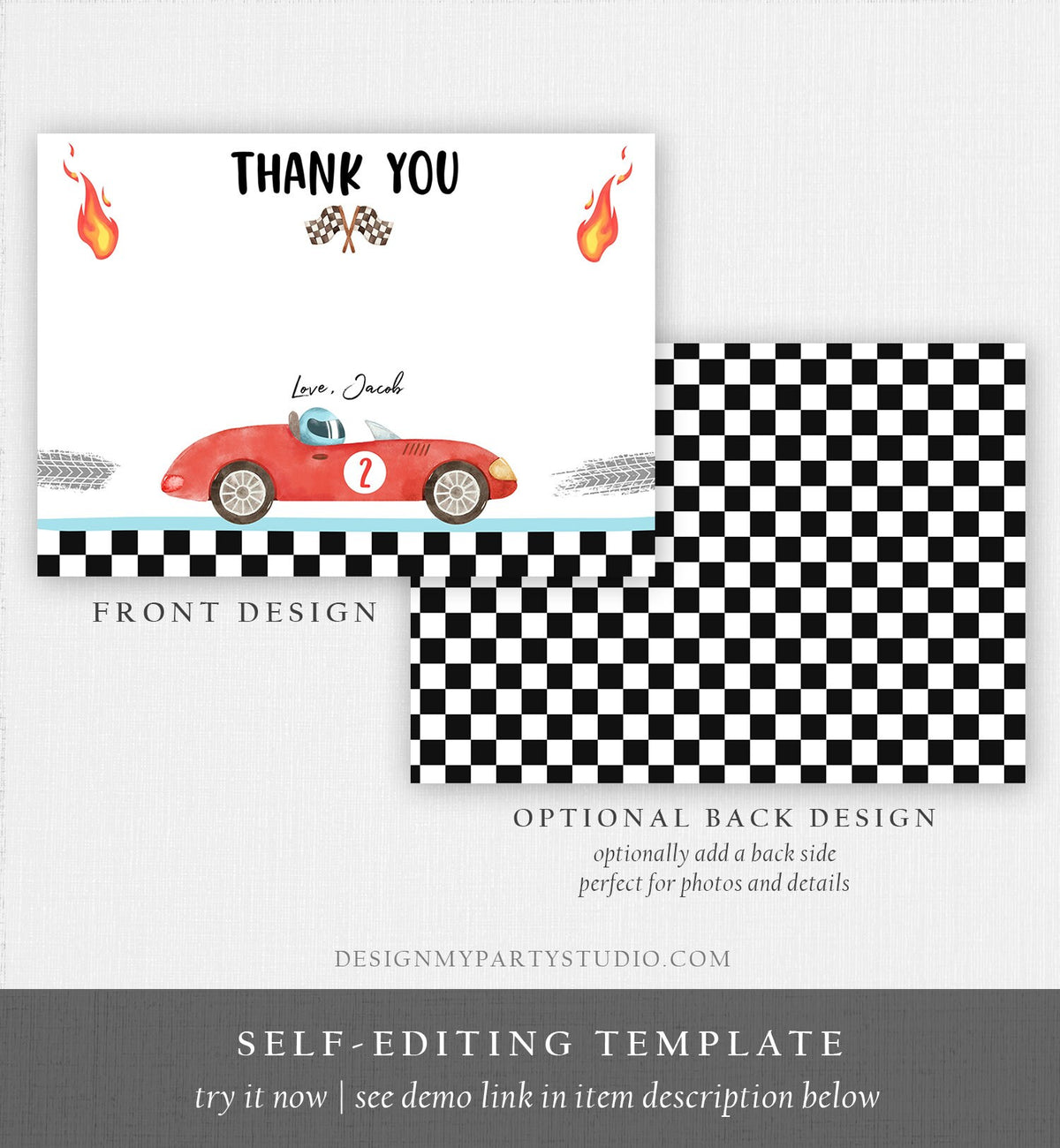 Editable Race Car Thank You Card Two Fast Birthday Boy Red Racing Car Note Birthday Fast One Digital Download Template Printable 0424
