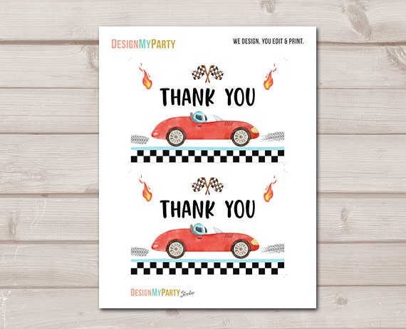 Race Car Thank You Card Two Fast Birthday Boy Red Racing Car Thank You Note Birthday Fast One Party Template Instant Download Printable 0424