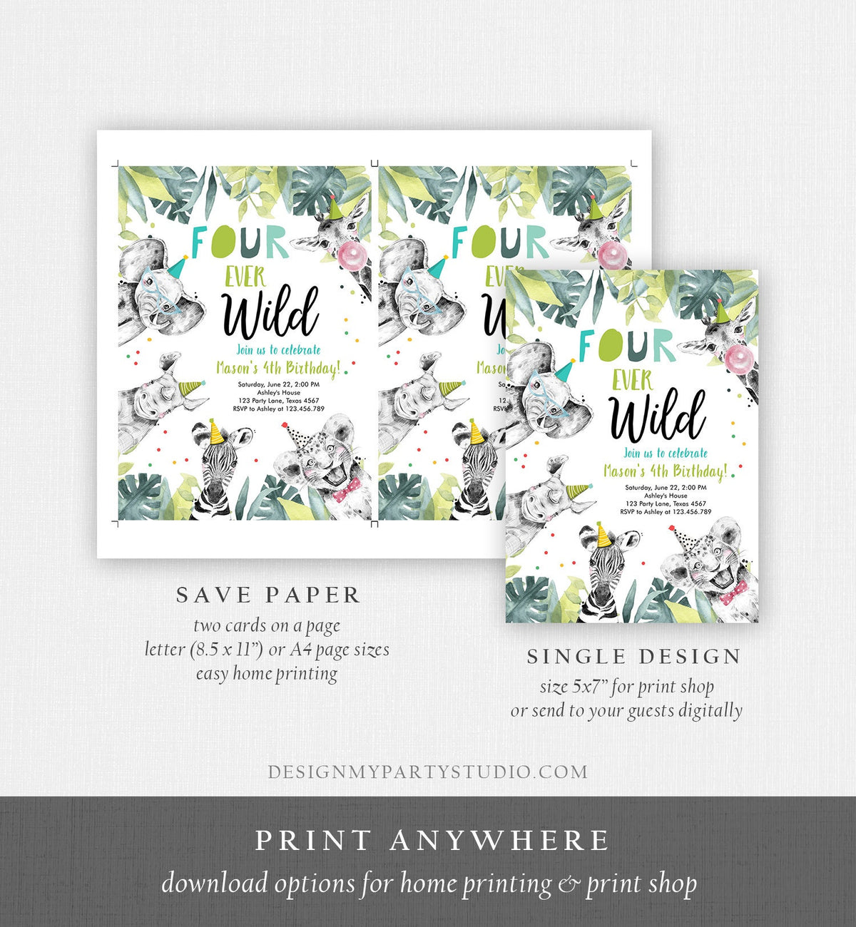 Editable Four Ever Wild Birthday Invitation Safari Animals Party Animals Boy Gold Fourth 4th Zoo Digital Template Evite Printable 0322