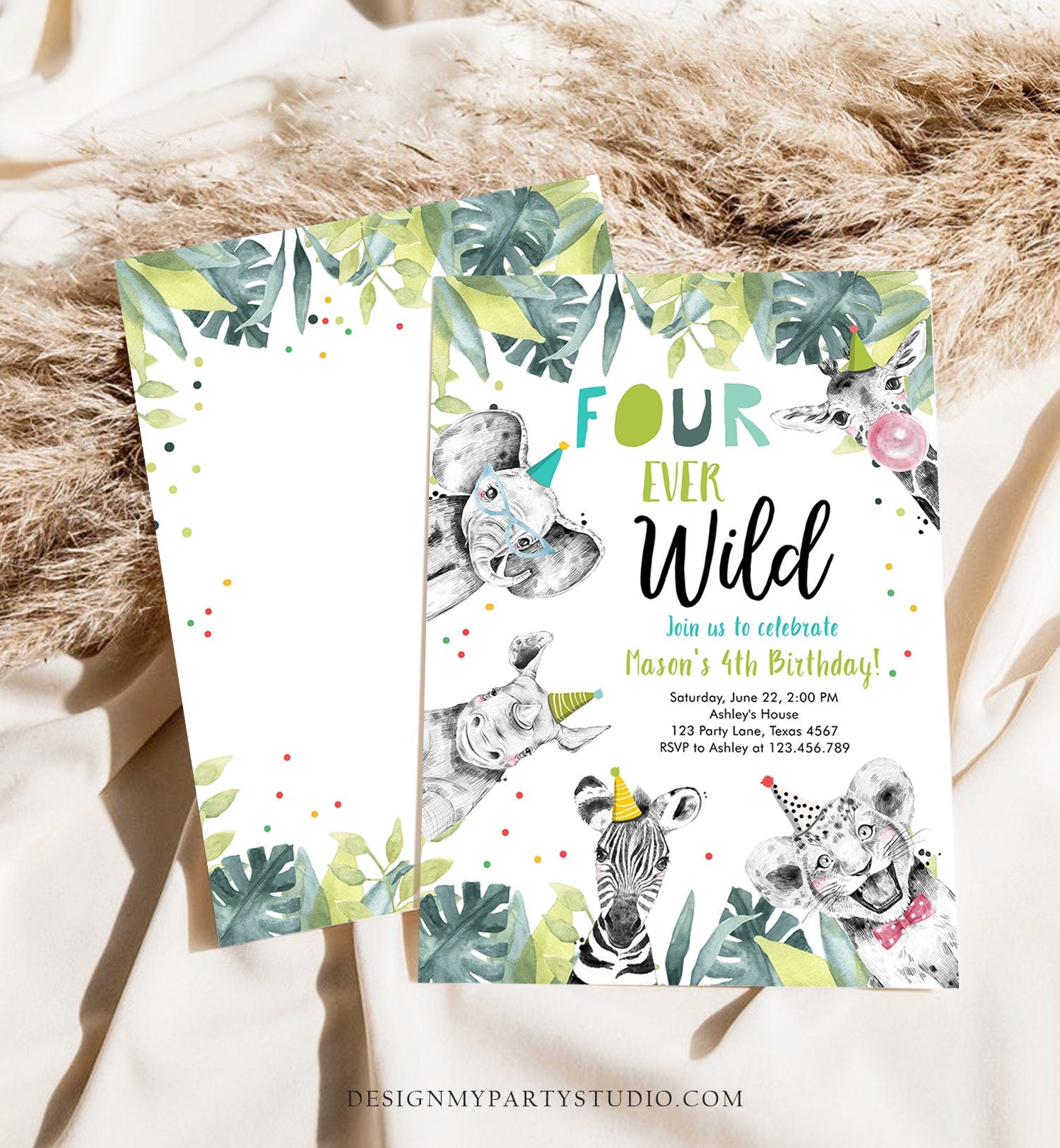 Editable Four Ever Wild Birthday Invitation Safari Animals Party Animals Boy Gold Fourth 4th Zoo Digital Template Evite Printable 0322
