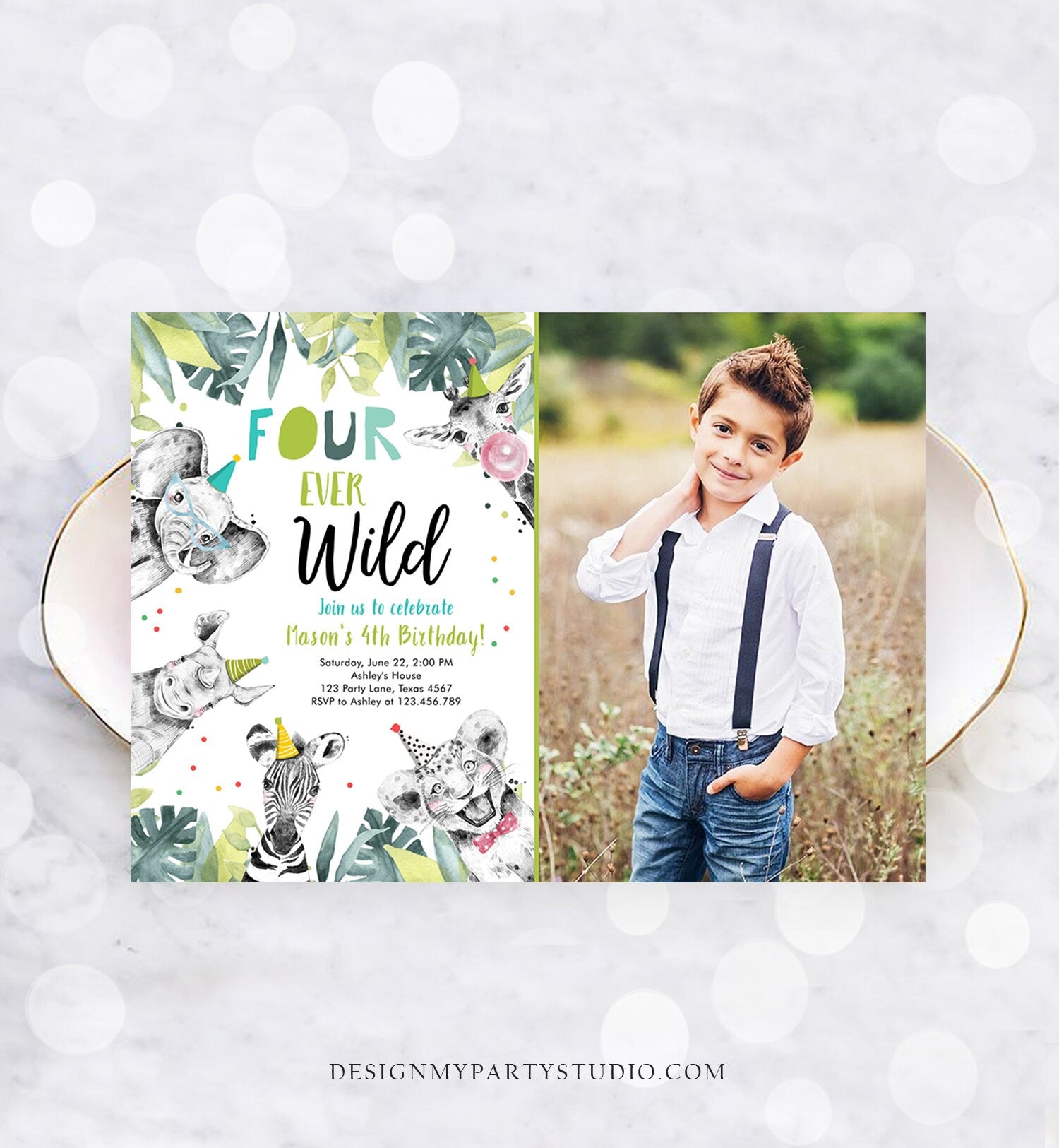Editable Four Ever Wild Invitation Safari Animals Party Animals Boy Gold Fourth Birthday 4th Zoo Digital Evite Template Printable 0322