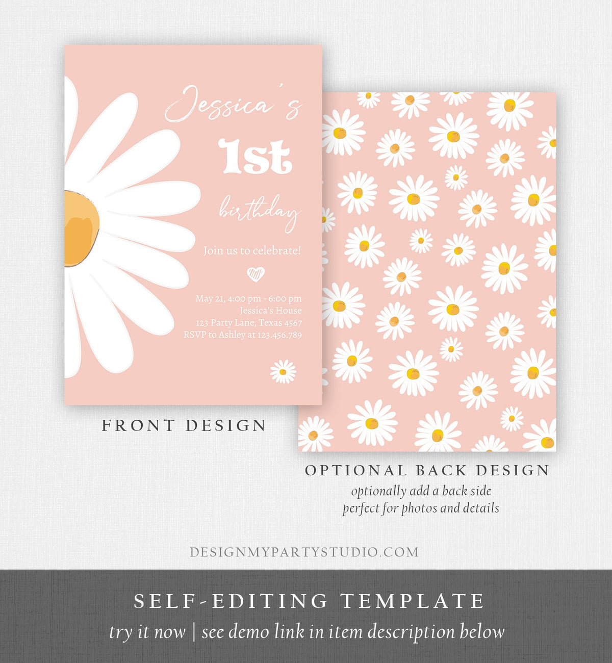 Editable Daisy Birthday Party Invitation 1st Birthday One Party Bohemian Girl Boho Pink First Digital Download Evite Template Printable 0410