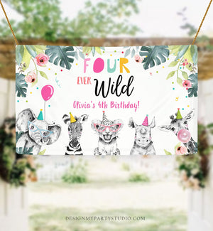 Editable Four Ever Wild Party Animals Backdrop Banner Fourth Birthday 4th Safari Animals Girl Welcome Sign Corjl Template Printable 0322