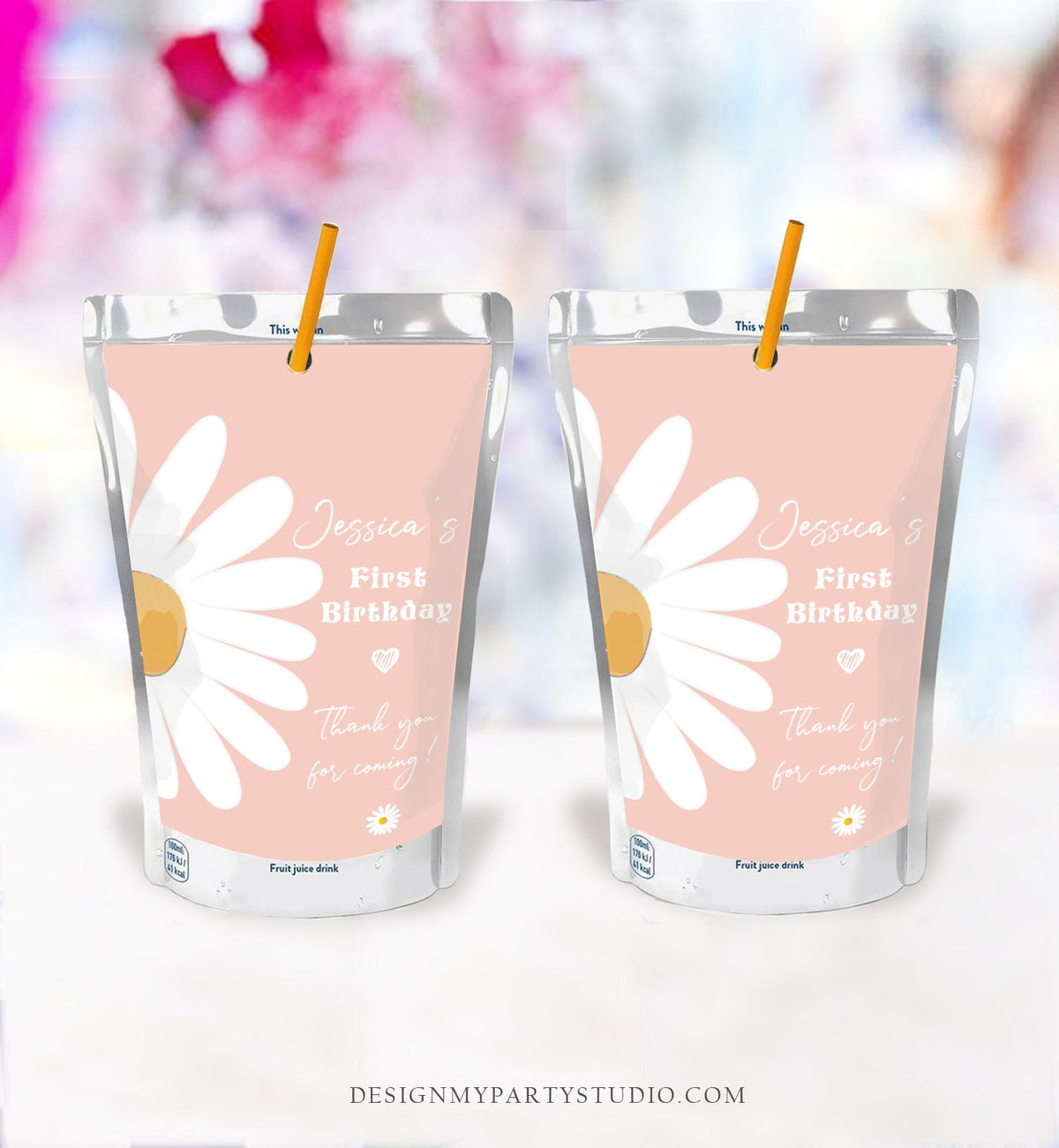 Editable Daisy Birthday Juice Pouch Label Juice Favors Daisy Boho Birthday Party Girl Wildflower Digital Download Template Printable 0410