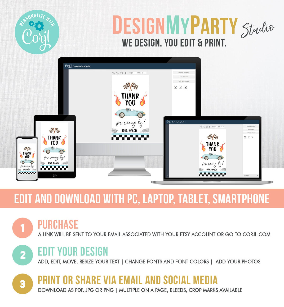 Editable Racing Favor Tags Race Car Birthday Thank you Label Growing Up Two Fast Gift tags Blue Race Cars Digital Template Printable 0424