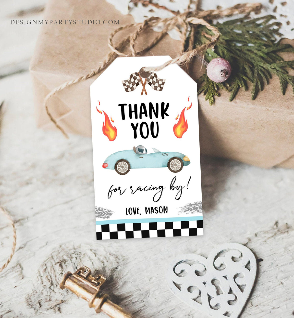 Editable Racing Favor Tags Race Car Birthday Thank you Label Growing Up Two Fast Gift tags Blue Race Cars Digital Template Printable 0424