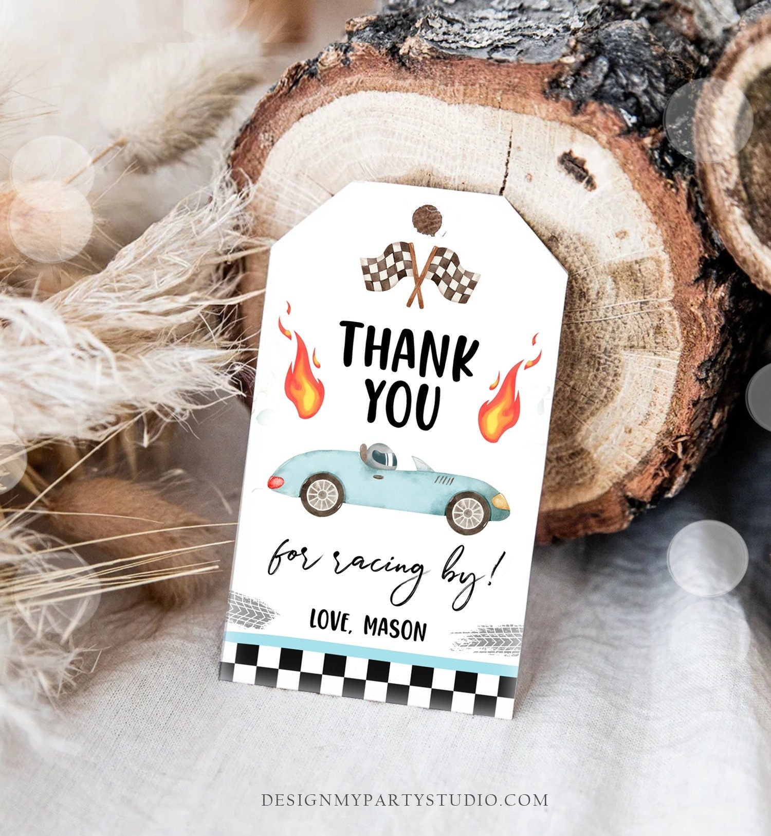 Editable Racing Favor Tags Race Car Birthday Thank you Label Growing Up Two Fast Gift tags Blue Race Cars Digital Template Printable 0424