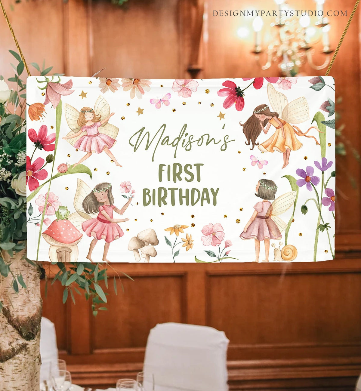 Editable Fairy Birthday Backdrop Fairy First Birthday Girl Pink Fairy Forest Party Decor Magical Enchanted Corjl Template Printable 0406