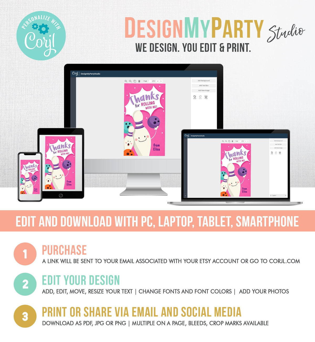 Editable Bowling Favor Tag Bowling Party Thank You Tag Label Rolling With Me Girl Birthday Pink Digital Download Template Printable 0324