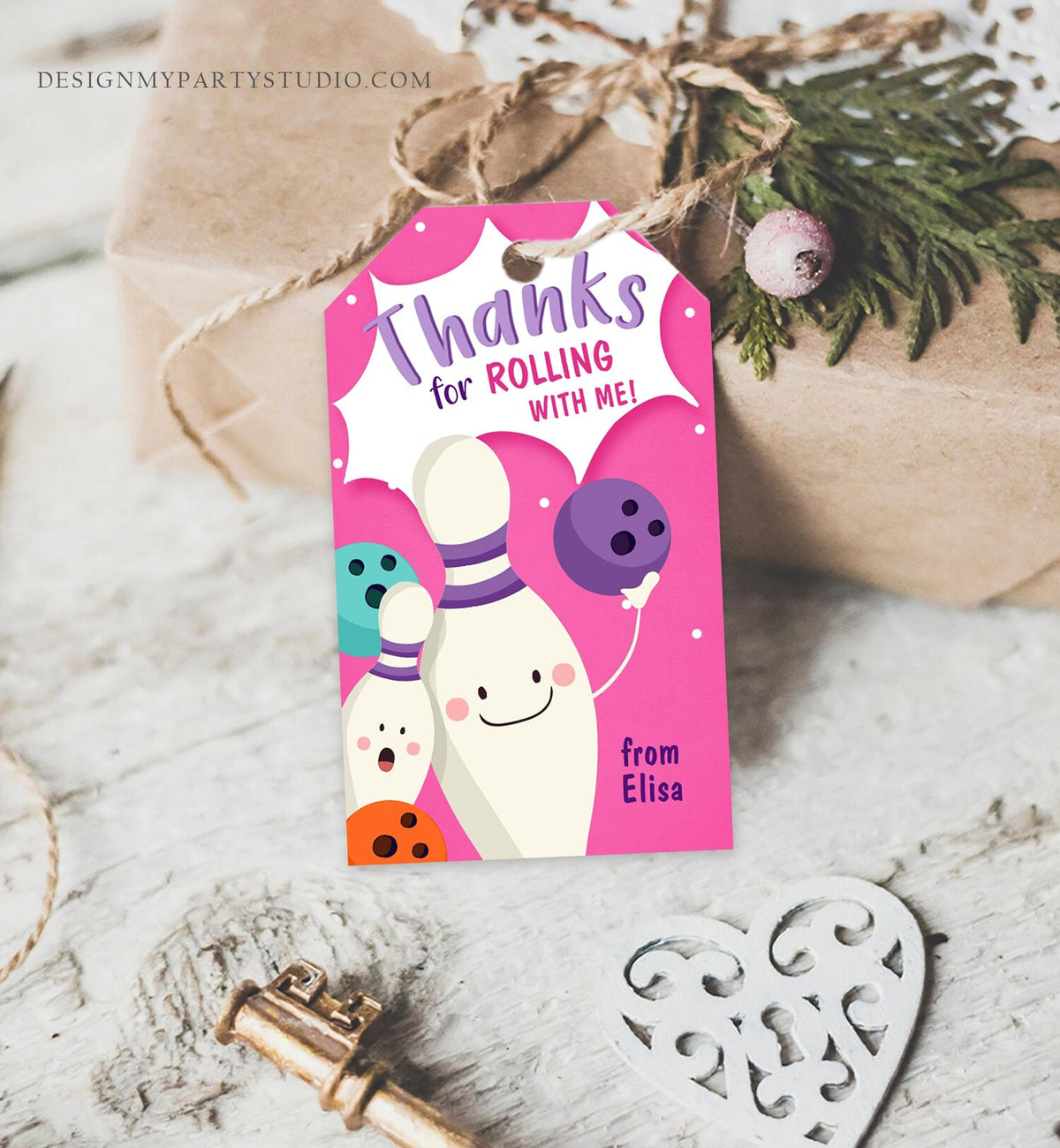 Editable Bowling Favor Tag Bowling Party Thank You Tag Label Rolling With Me Girl Birthday Pink Digital Download Template Printable 0324