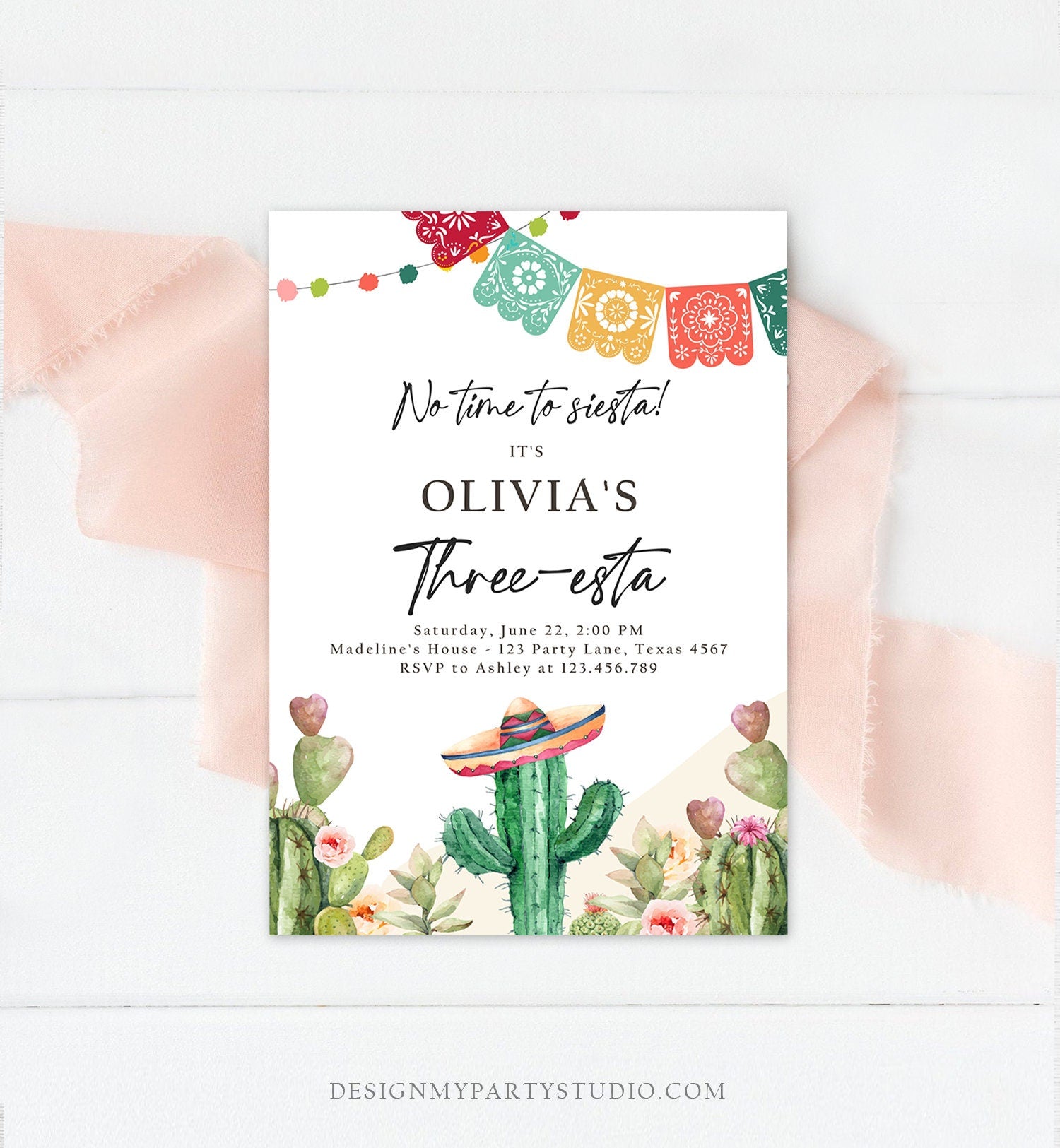 Editable Fiesta Invitation Three-esta Birthday Mexican Cactus Succulent Desert Floral Girl Kids 3rd Printable Invitation Template Evite 0404