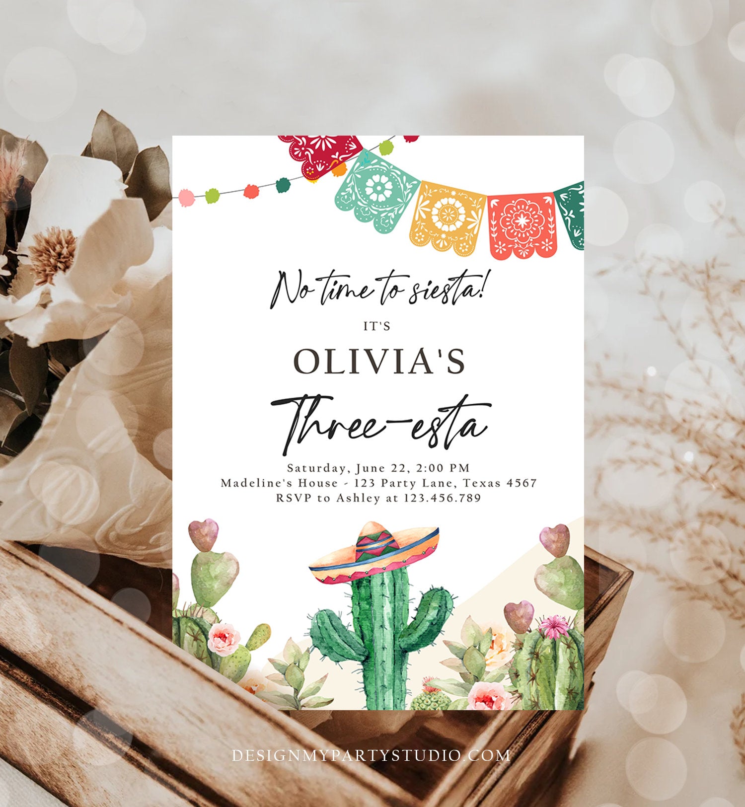 Editable Fiesta Invitation Three-esta Birthday Mexican Cactus Succulent Desert Floral Girl Kids 3rd Printable Invitation Template Corjl 0404