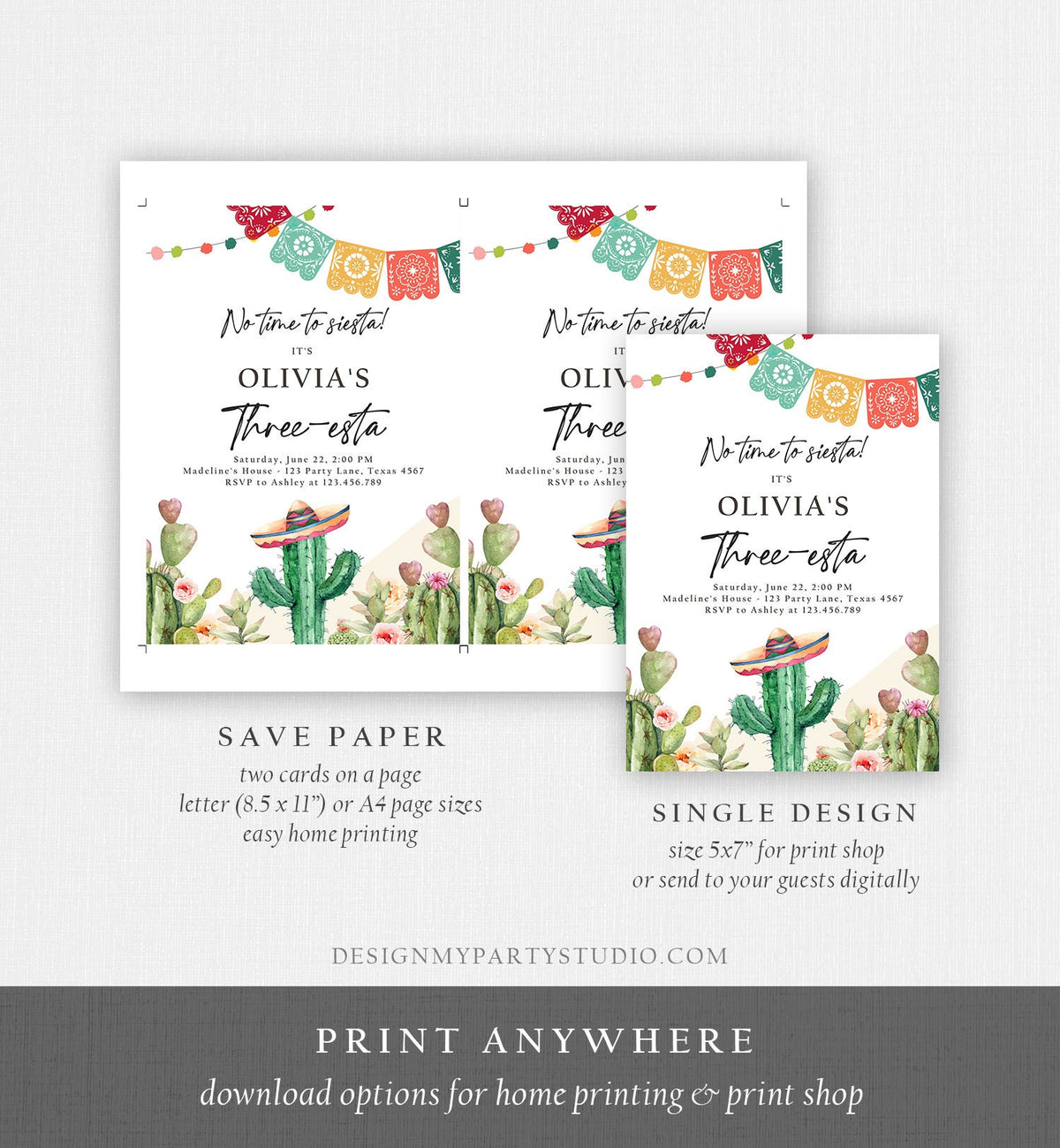 Editable Fiesta Invitation Three-esta Birthday Mexican Cactus Succulent Desert Floral Girl Kids 3rd Printable Invitation Template Evite 0404