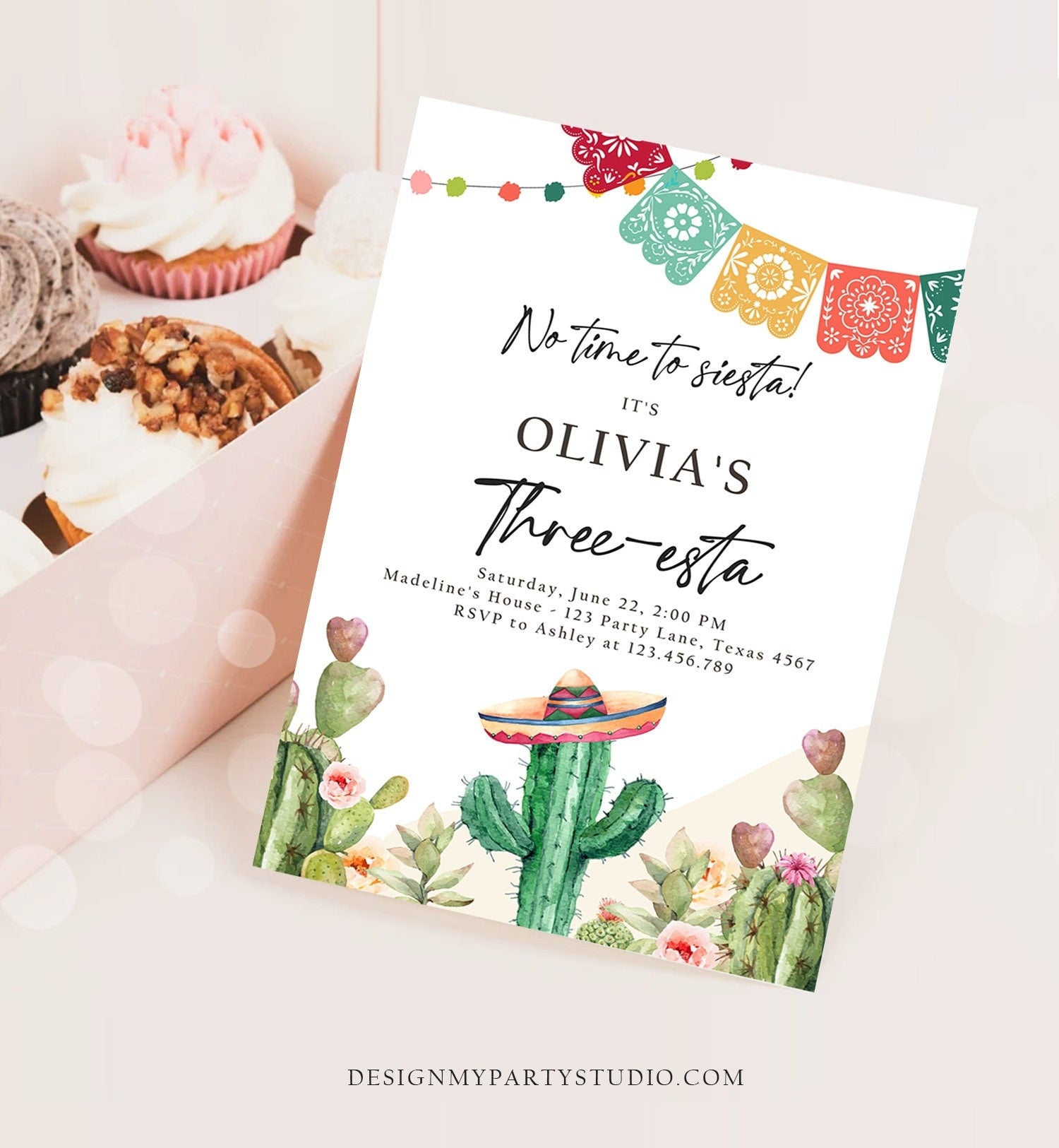 Editable Fiesta Invitation Three-esta Birthday Mexican Cactus Succulent Desert Floral Girl Kids 3rd Printable Invitation Template Evite 0404