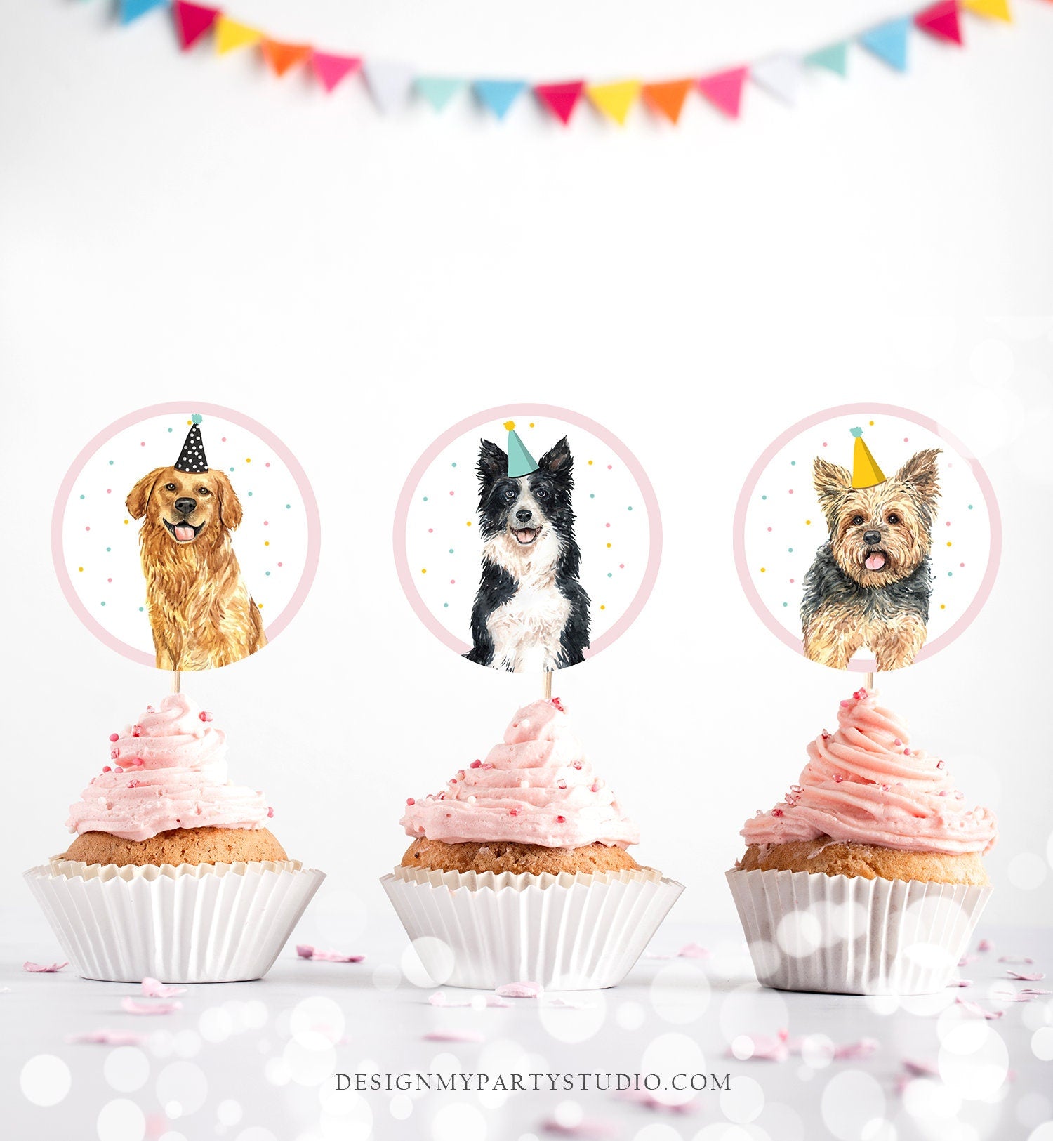 Puppy Dog Cupcake Toppers Puppy Favor Tags Puppy Birthday Dog Pink Girl Pet Birthday Party Pup Puppies Decor Download Digital Printable 0384