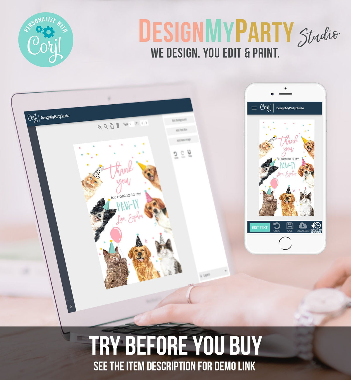 Editable Cats and Dogs Favor Tag Cat Dog Birthday Thank You Tag Girl Pink Puppy Pet Vet Animal Kitten Pawty Digital Template Printable 0384