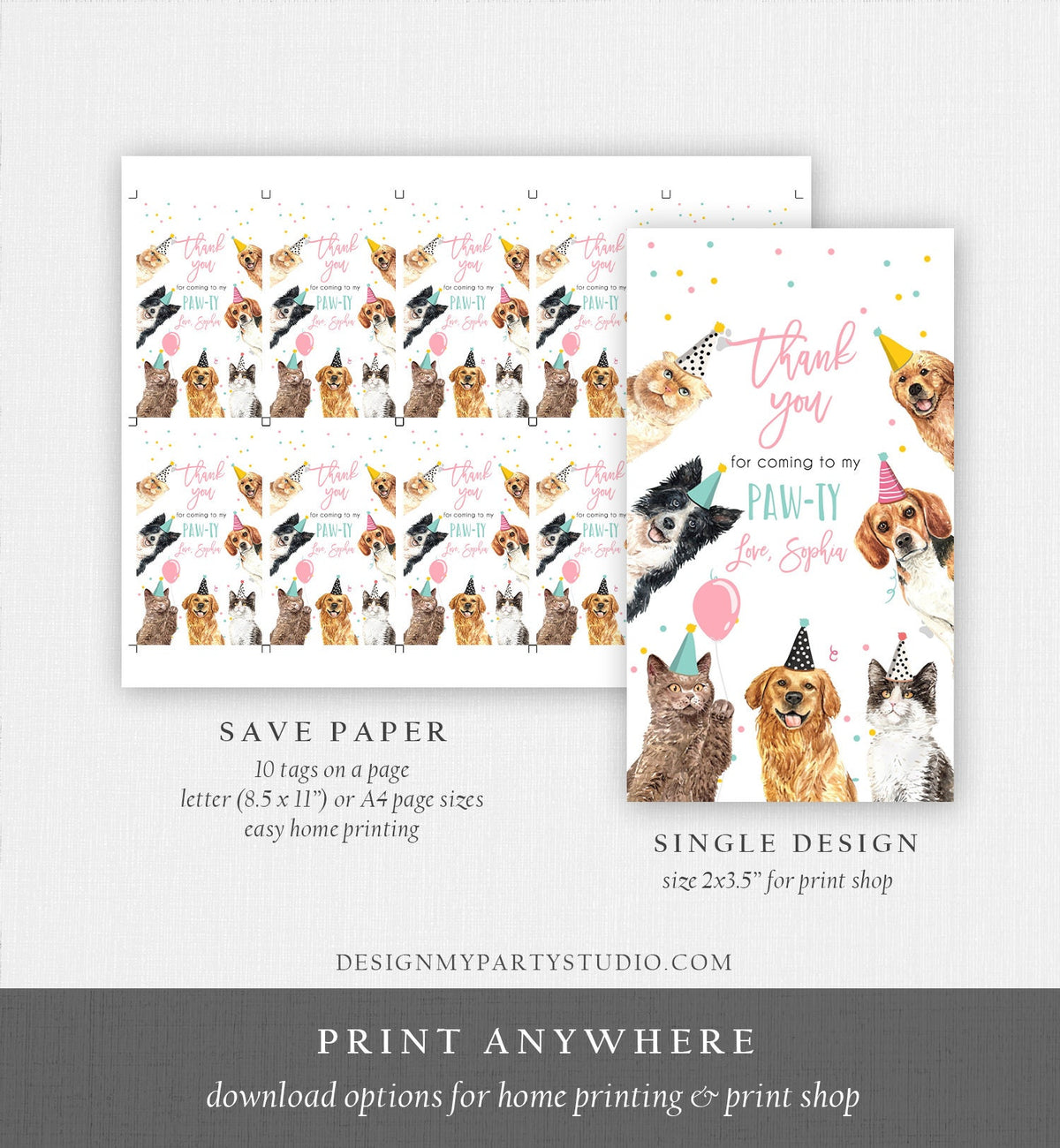 Editable Cats and Dogs Favor Tag Cat Dog Birthday Thank You Tag Girl Pink Puppy Pet Vet Animal Kitten Pawty Digital Template Printable 0384