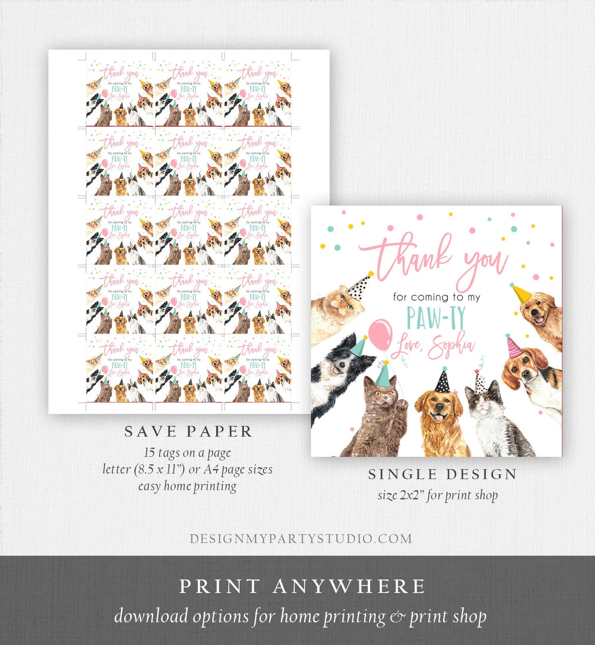 Editable Cats and Dogs Favor tags Puppy Kitten Birthday Thank you tag Girl Pink Cat Pup Dog Pet Vet Animal Template PRINTABLE Corjl 0384