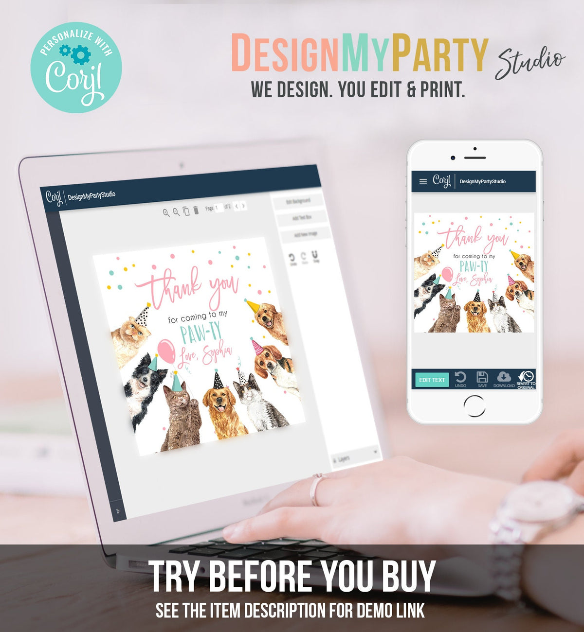 Editable Cats and Dogs Favor tags Puppy Kitten Birthday Thank you tag Girl Pink Cat Pup Dog Pet Vet Animal Template PRINTABLE Corjl 0384