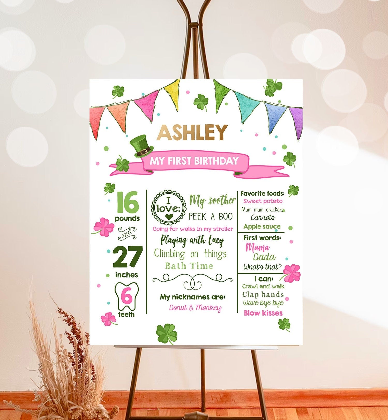 Editable St Patricks Day Milestones Sign Lucky 1st Birthday Sign Shamrock 1st Birthday Gold Green Clover White Template Printable Corjl 0115