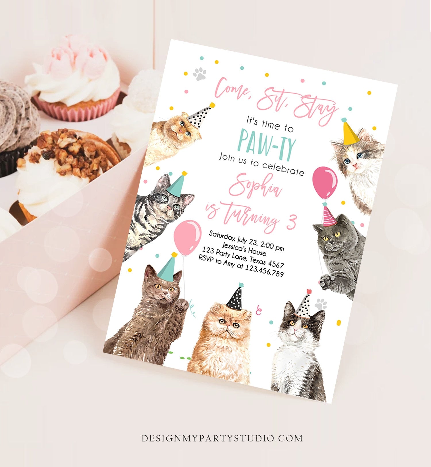 Editable Cat Birthday Party Invitation Kitten Birthday Invite Pink Girl Kitty Cat Invitation Pet Cute Download Printable Template Corjl 0384