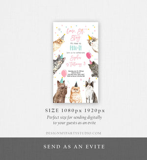 Editable Cat Birthday Party Evite Kitten Birthday Invitation Pink Girl Kitty Cat Invite Pet Download Template Phone Electronic Corjl 0384