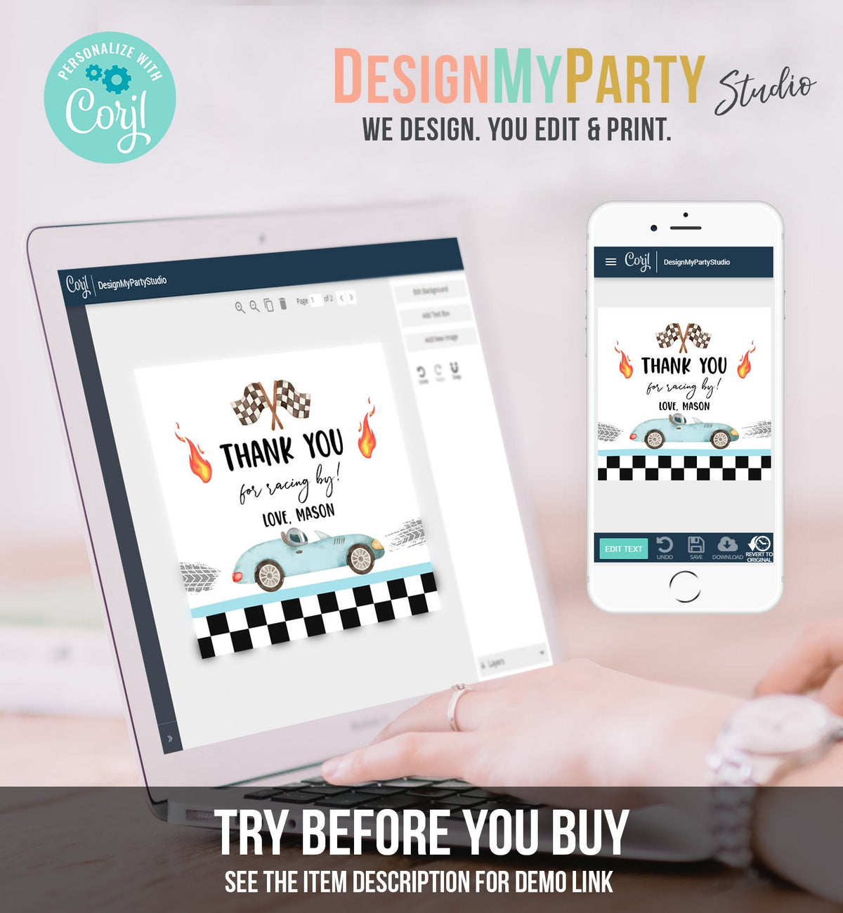 Editable Racing Favor Tags Race Car Birthday Thank you Label Growing Up Two Fast 2 Stickers Blue Race Car 2nd Template Corjl PRINTABLE 0424