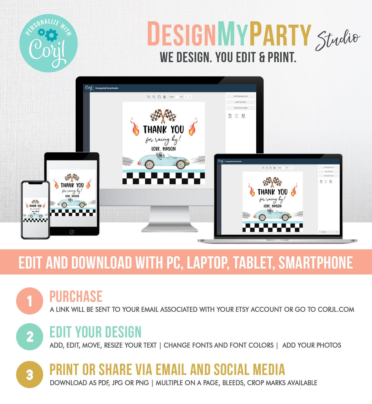 Editable Racing Favor Tags Race Car Birthday Thank you Label Growing Up Two Fast 2 Stickers Blue Race Car 2nd Template Corjl PRINTABLE 0424